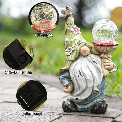 Solar Garden Gnome Statue with LED Magical Ball Light Outdoor Resin Dwarf Sculpture IP44 Waterproof Spring Yard Patio Decor Housewarming Gift