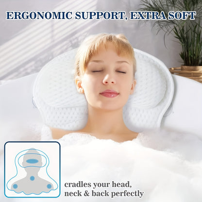 Bath Pillow 4D Air Mesh Neck Back Support with Anti-Slip Suction Cups Quick-Dry Machine Washable Luxury Bathtub Cushion Spa Relaxation Bathroom Accessory