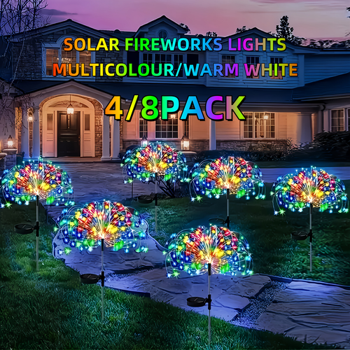 Solar Fireworks Lights Outdoor Waterproof 240–640 LED 8 Lighting Modes – 4/8 Pack Garden Stake Lights for Christmas Yard Wedding Patio Lawn Holiday Decoration