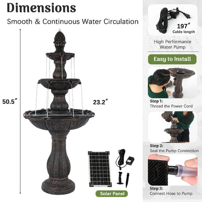 Solar Powered Outdoor Water Fountain 3-Tier – 50.5" Cascading Resin Garden Fountain with Pineapple Finial, IPX8 Pump & IP65 Solar Panel, Weather-Resistant for Patio Backyard Decor, Brown