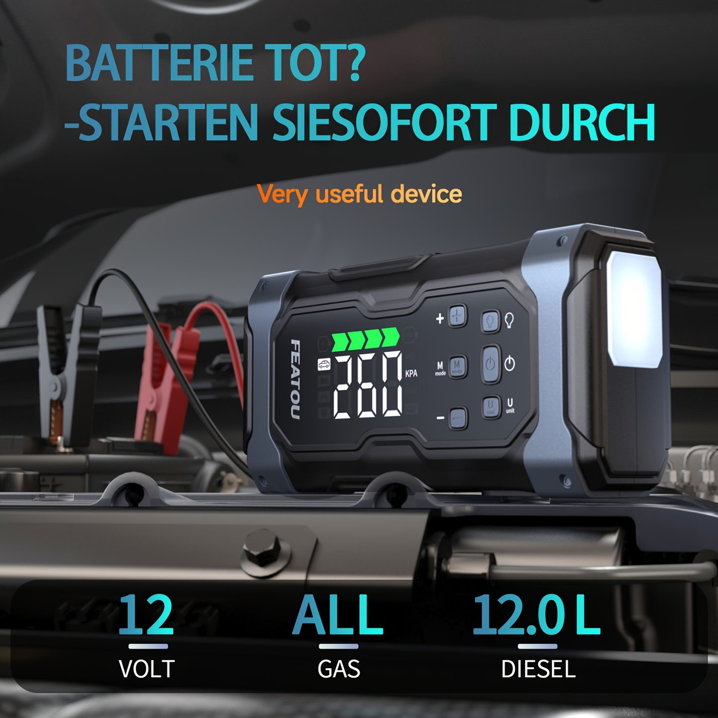 Heavy Duty Jump Starter 20000mAh 9-in-1 with Air Compressor Tire Inflator for All Gas 3.7gal Diesel Large SUV Pickup 12V USB-A USB-C Digital Display
