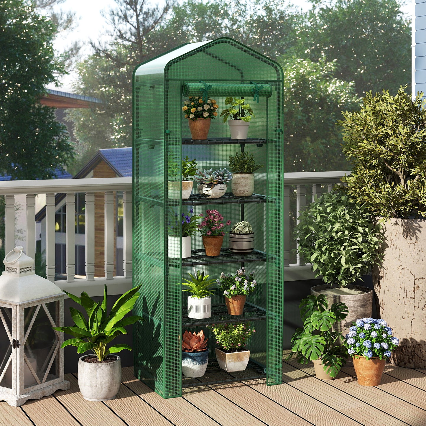5-Tier Grow House Mini Greenhouse 27"x19"x75" with PE Grid Cover, Rustproof Electro-Coated Frame & Zippered Door, Space-Saving Indoor Outdoor Plant Shelter for Herbs & Seedlings