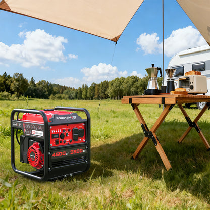 Portable Gas Generator 4500W 4-Stroke | CO Alarm, Quiet & Lightweight, 12V & USB Ports, AC Outlets for RV, Camping, Home Backup, Power Tools, Phone Charging
