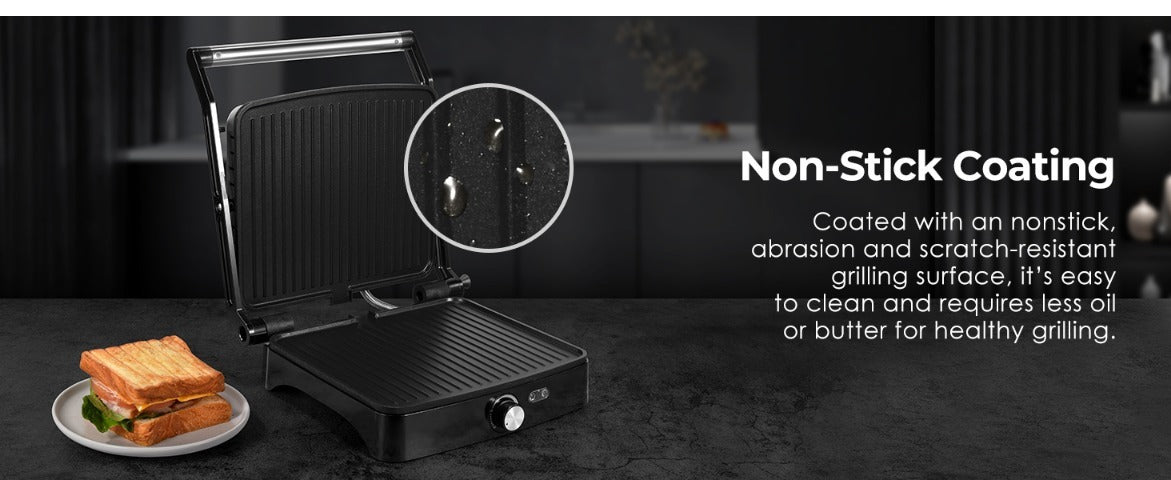 Panini Press Grill Indoor Sandwich Maker 4 Slice – Non-Stick 1200W Electric Grill with Temperature Control, 180° Opening, Removable Drip Tray | Countertop Steak & BBQ Grill