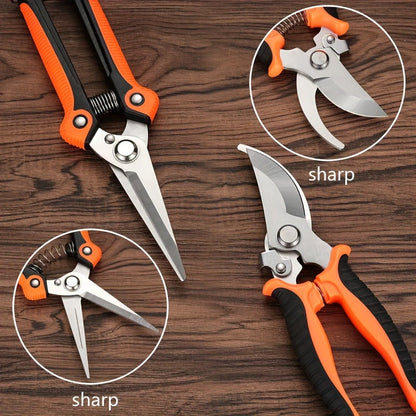 Pruning Shears 6-Piece Set | Heavy Duty Stainless Steel Garden Scissors Ergonomic Anti-Slip Handle | Fruit Picking Lawn Bonsai Branch Cutting Tool Gift