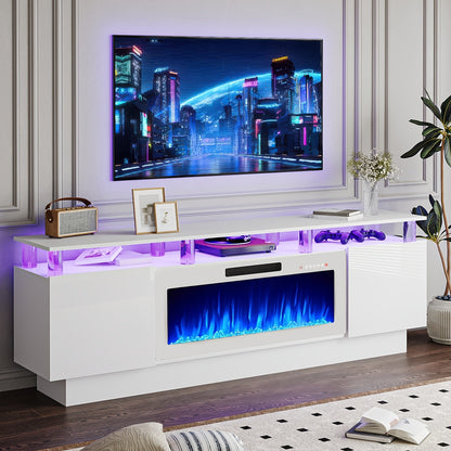 Fireplace TV Stand 70 Inch with 36" Electric Fireplace 2-Tier High Gloss Wood Entertainment Center LED Lights Cabinet Media Console Living Room