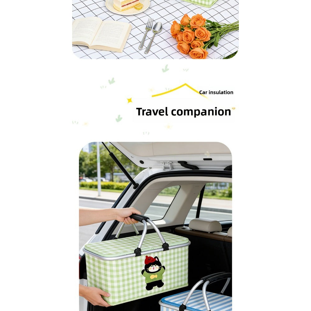 Insulated Picnic Box with Aluminum Frame – Collapsible Thermal Camping Storage Basket for Outdoor Picnic, BBQ, Travel & Camping with Cute Pattern Designs