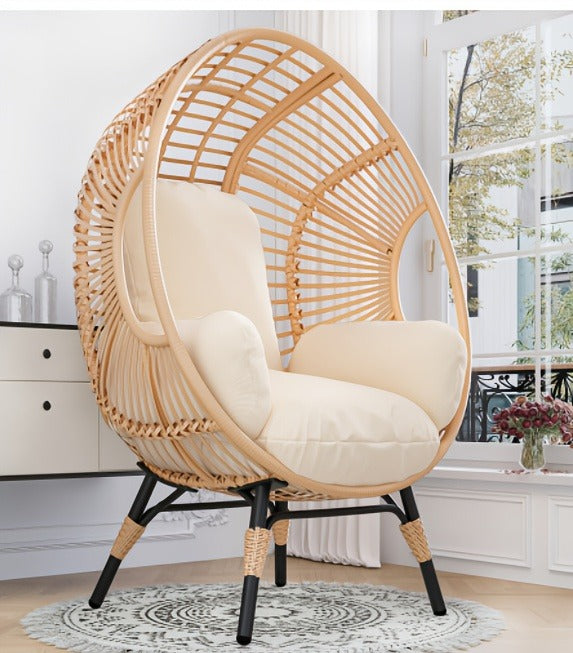 Egg Chair Outdoor Wicker Oversized Hanging Basket Chair with Stand & Cushion 500LBS Capacity UV-Resistant Rattan Style Patio Lounge Chair for Garden Backyard Balcony Porch Beige Black