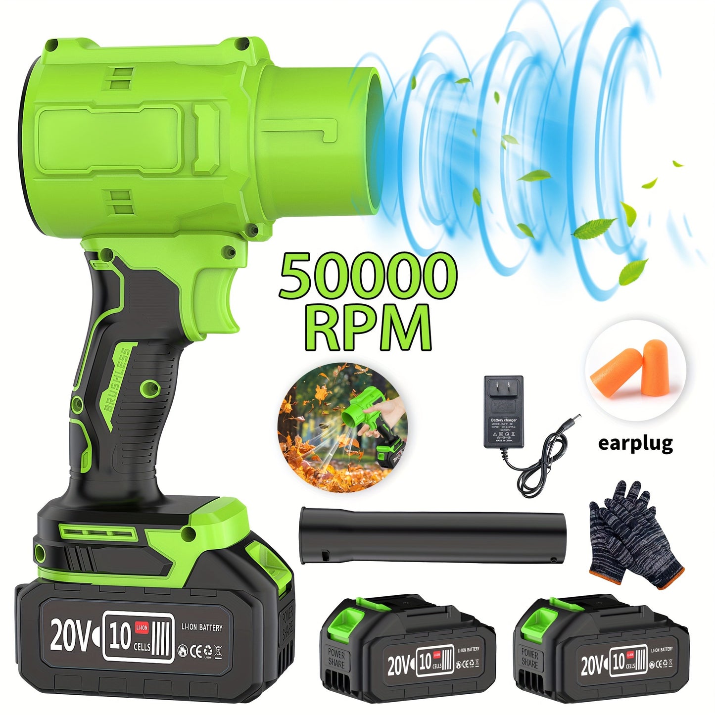 Battery Leaf Blower 20V 50000RPM Turbo Cordless, Dual Battery & 2 Nozzles Included, Handheld Blower for Car Drying, Leaves, Snow & Dust — Home & Outdoor