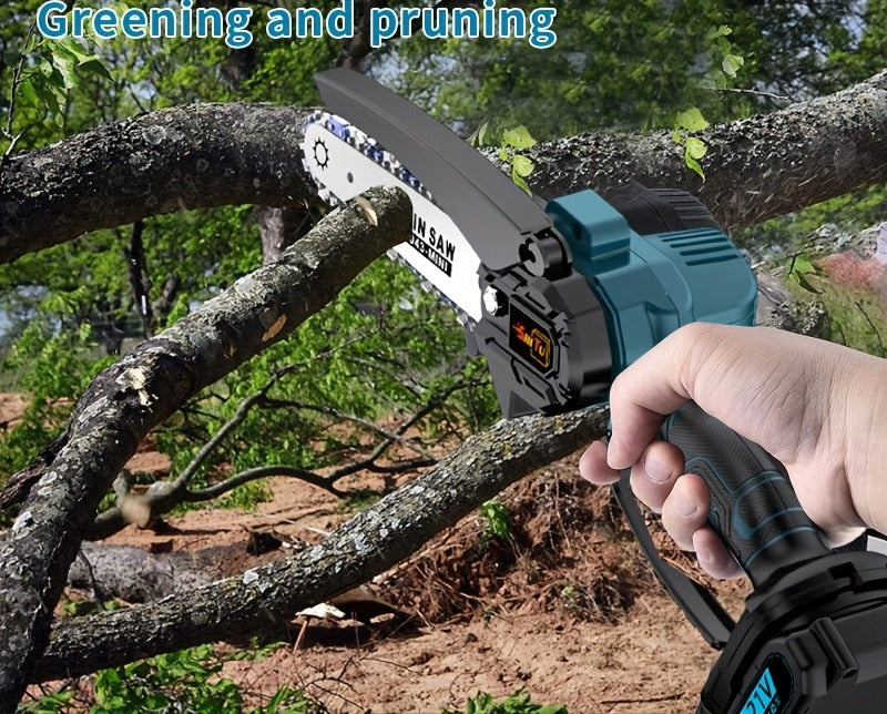 Handheld Electric Chainsaw – Mini Cordless Portable Tree Cutter with Splash Guard, Security Lock, Rechargeable Battery Options, Garden & Yard Gift for Men