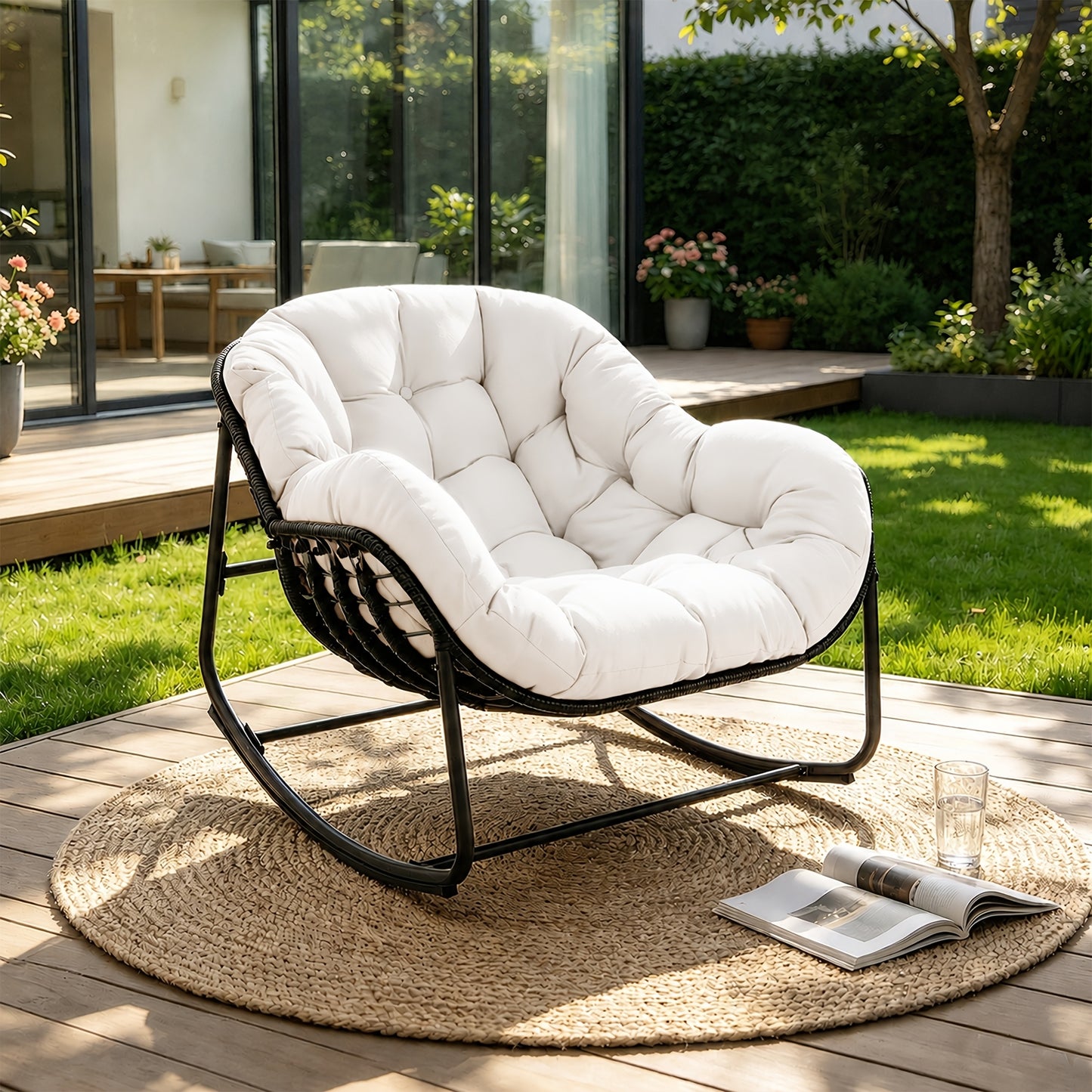 Papasan Rocking Chair Outdoor Wicker Egg Chair with Cushion & Pillow, Large Patio Rocker for Garden, Backyard & Porch, 8 Colors