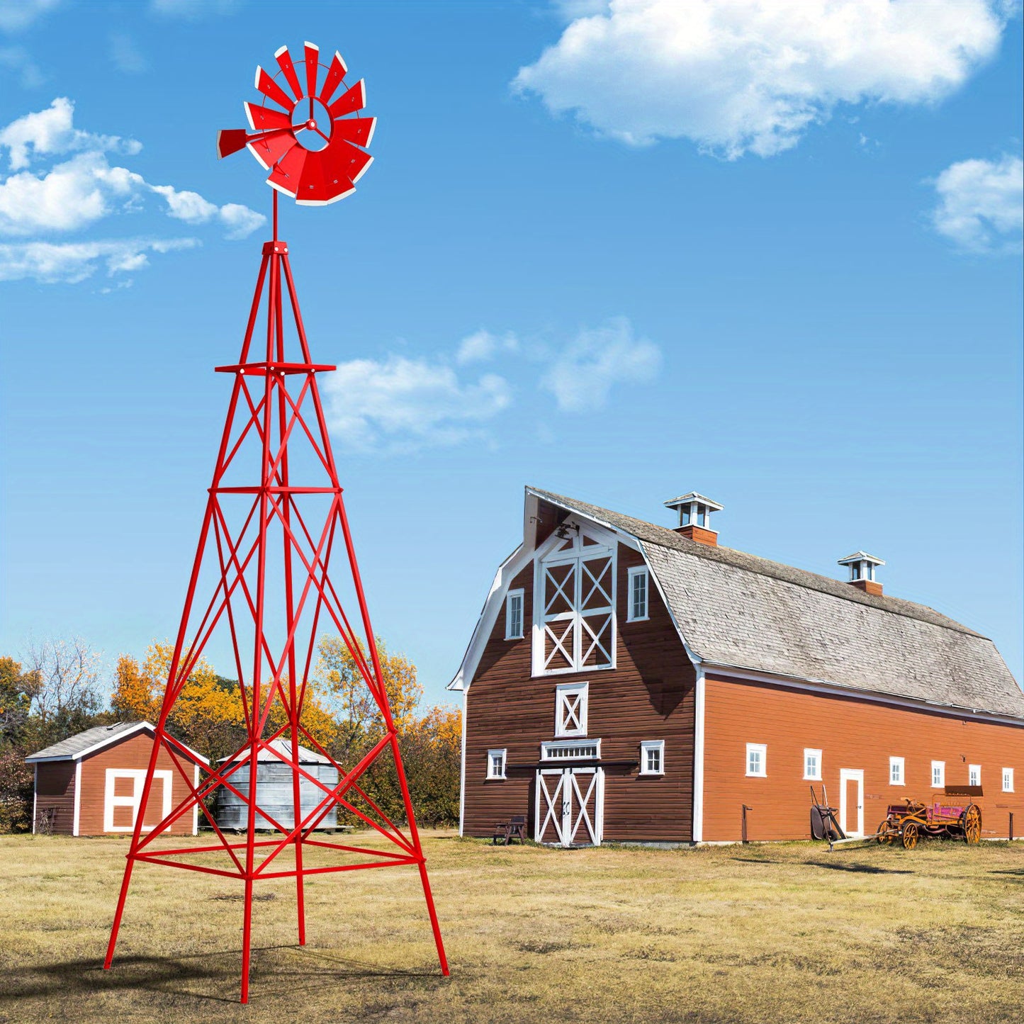 Decorative Windmill 8 ft Metal Outdoor Garden Windmill with Weathervane 4 Ground Stakes All-Weather Rust-Resistant Backyard Farm Lawn Ornament Green Gray Red