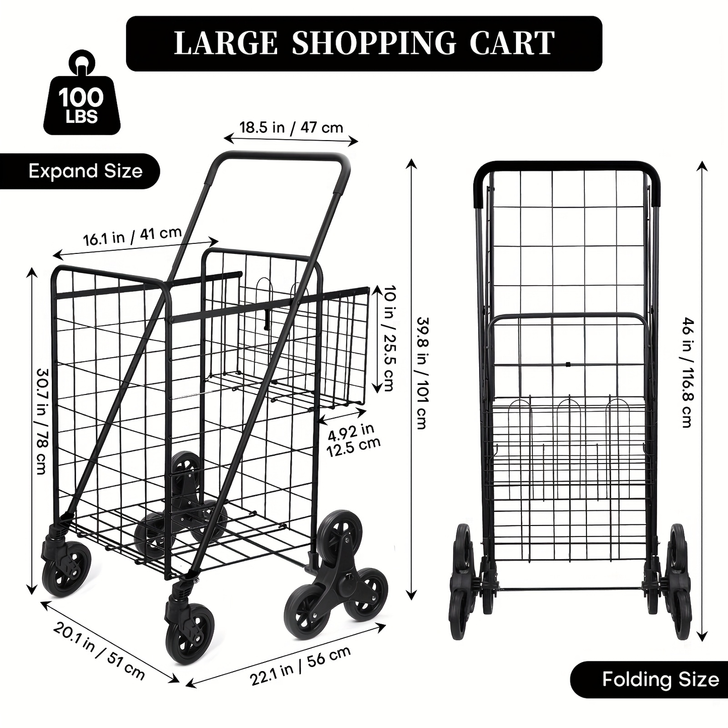 Stair Climbing Cart 8 Wheels 100 LBS Capacity Collapsible Utility Cart Foldable Grocery Dolly with Dual Basket Stainless Steel Frame for Home Office Moving