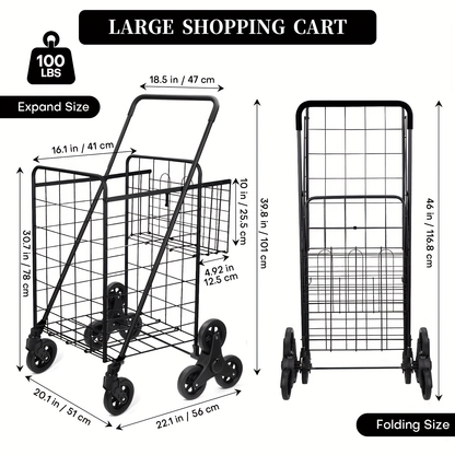 Stair Climbing Cart 8 Wheels 100 LBS Capacity Collapsible Utility Cart Foldable Grocery Dolly with Dual Basket Stainless Steel Frame for Home Office Moving