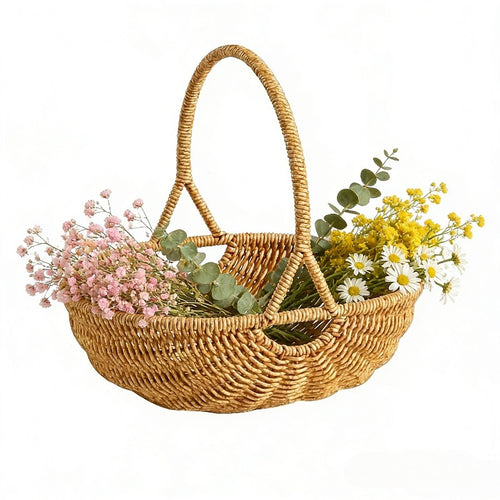 Wicker Storage Basket with Handle - Handwoven Rattan Organizer Bin, Multipurpose Farmhouse Basket for Kitchen Pantry Bathroom Shelf Home Decor