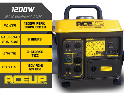 Portable Gas Generator 1200W Peak 900W Rated | 71cc 2-Cycle Engine Recoil Start AC DC Outlets | Camping RV Emergency Backup Low Noise EPA CARB