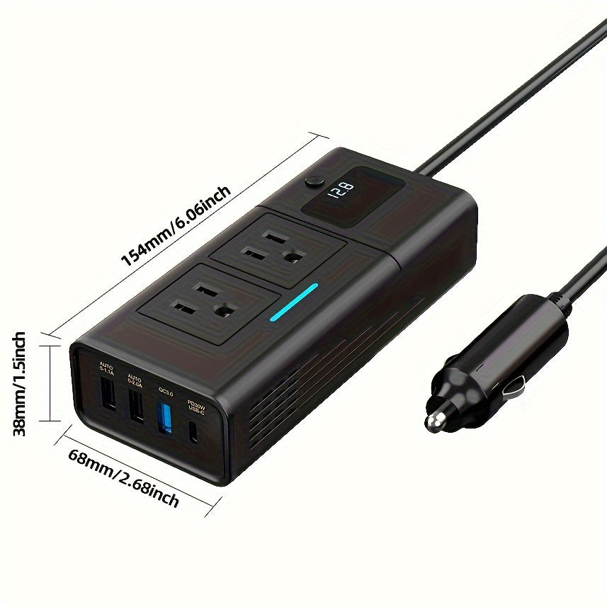 Power Inverter for Car 200W DC 12V to AC 110V with QC3.0 USB-C Type-C 1.2A 2A USB Ports Cigarette Lighter Plug Adapter Outlet Charger for Laptop Phone Tablet