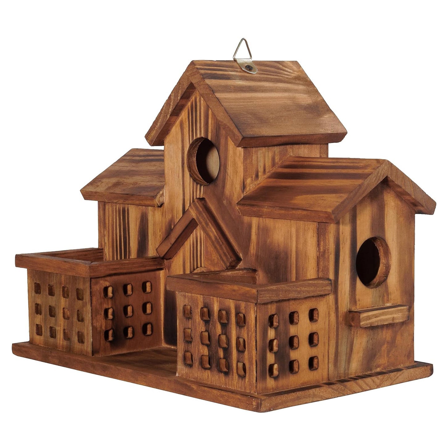 Hummingbird House Outdoor Large Birdhouse with Feeder, 3-Hole Natural Handmade Wood Bird House for Bluebird, Backyard Garden Decor, Living & Feeding Two-in-One