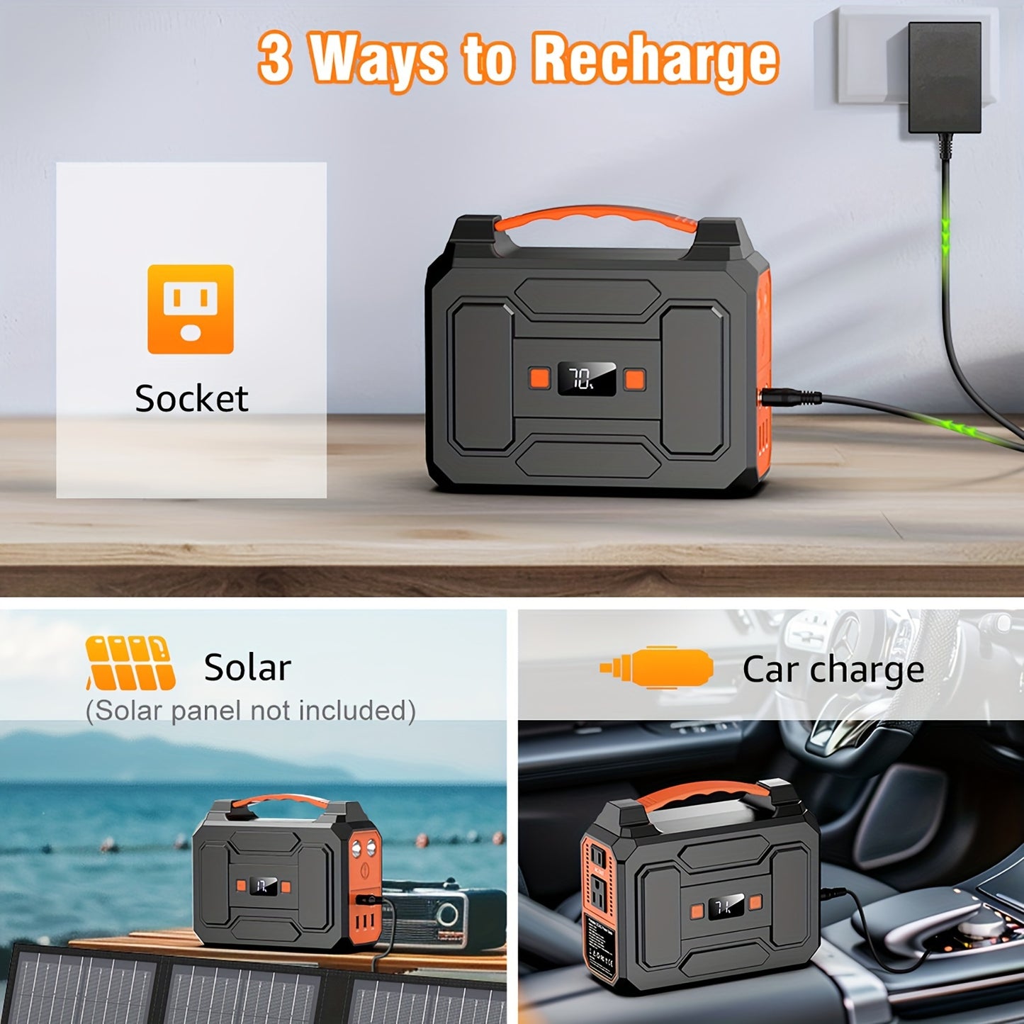 Portable Power Station Solar Generator 146Wh/300W | AC Outlet DC USB LED | Camping Emergency Backup Battery Pack Outdoor Charging