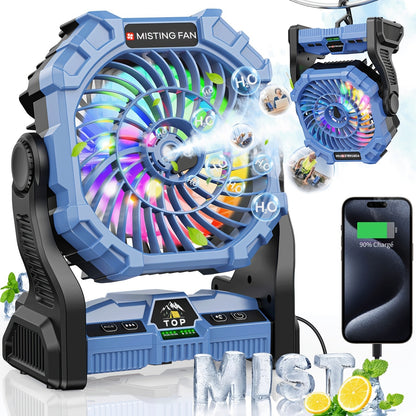 Camping Fan Rechargeable 20000mAh with Misting Solar Panel RGB Mood Light 4-Speed Tent Hook Phone Charging Portable Outdoor Fan