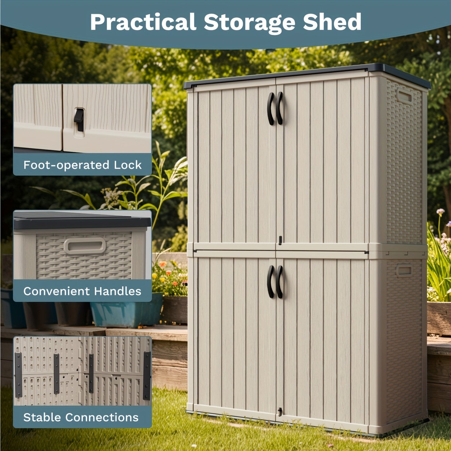Outdoor Storage Shed 4x2 Resin Vertical Cabinet w/ Floor - White & Beige