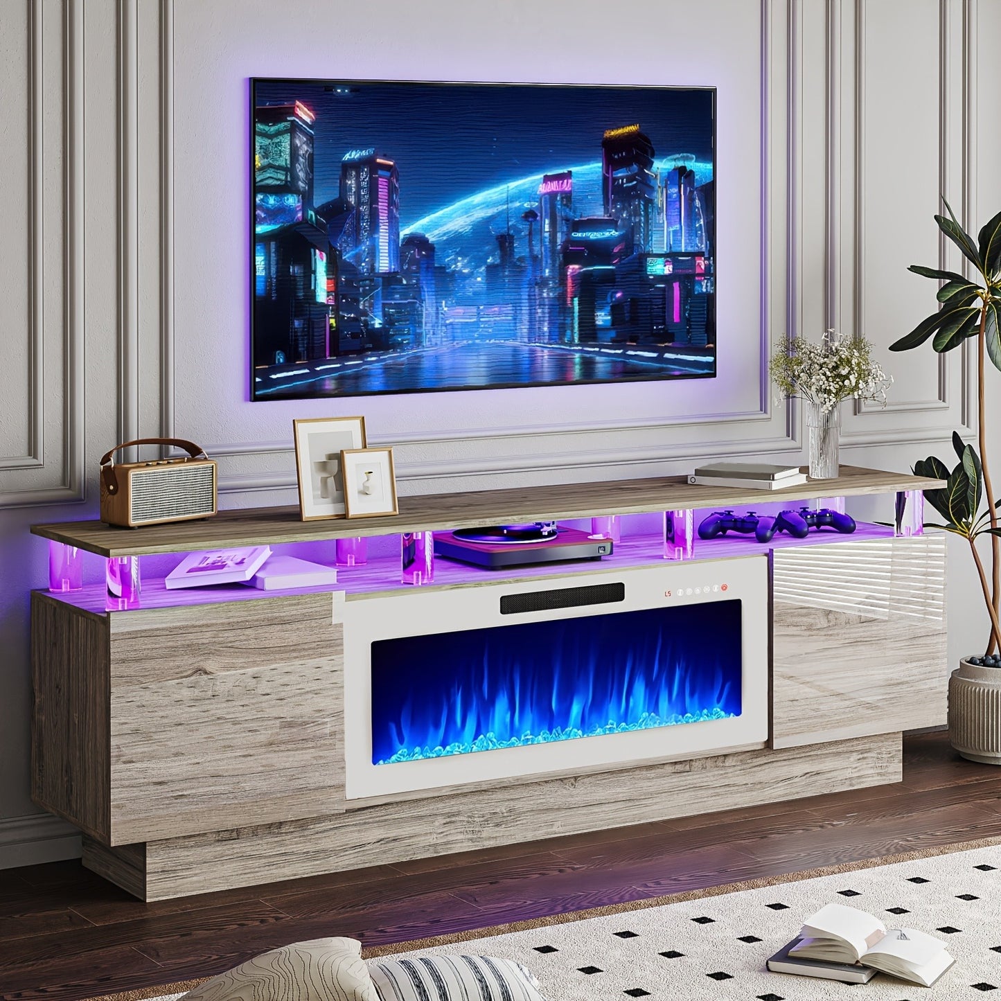 Fireplace TV Stand 70 Inch with 36" Electric Fireplace 2-Tier High Gloss Wood Entertainment Center LED Lights Cabinet Media Console Living Room