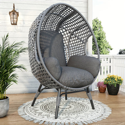 Egg Chair Outdoor Wicker Oversized Hanging Basket Chair with Stand & Cushion 500LBS Capacity UV-Resistant Rattan Style Patio Lounge Chair for Garden Backyard Balcony Porch Beige Black