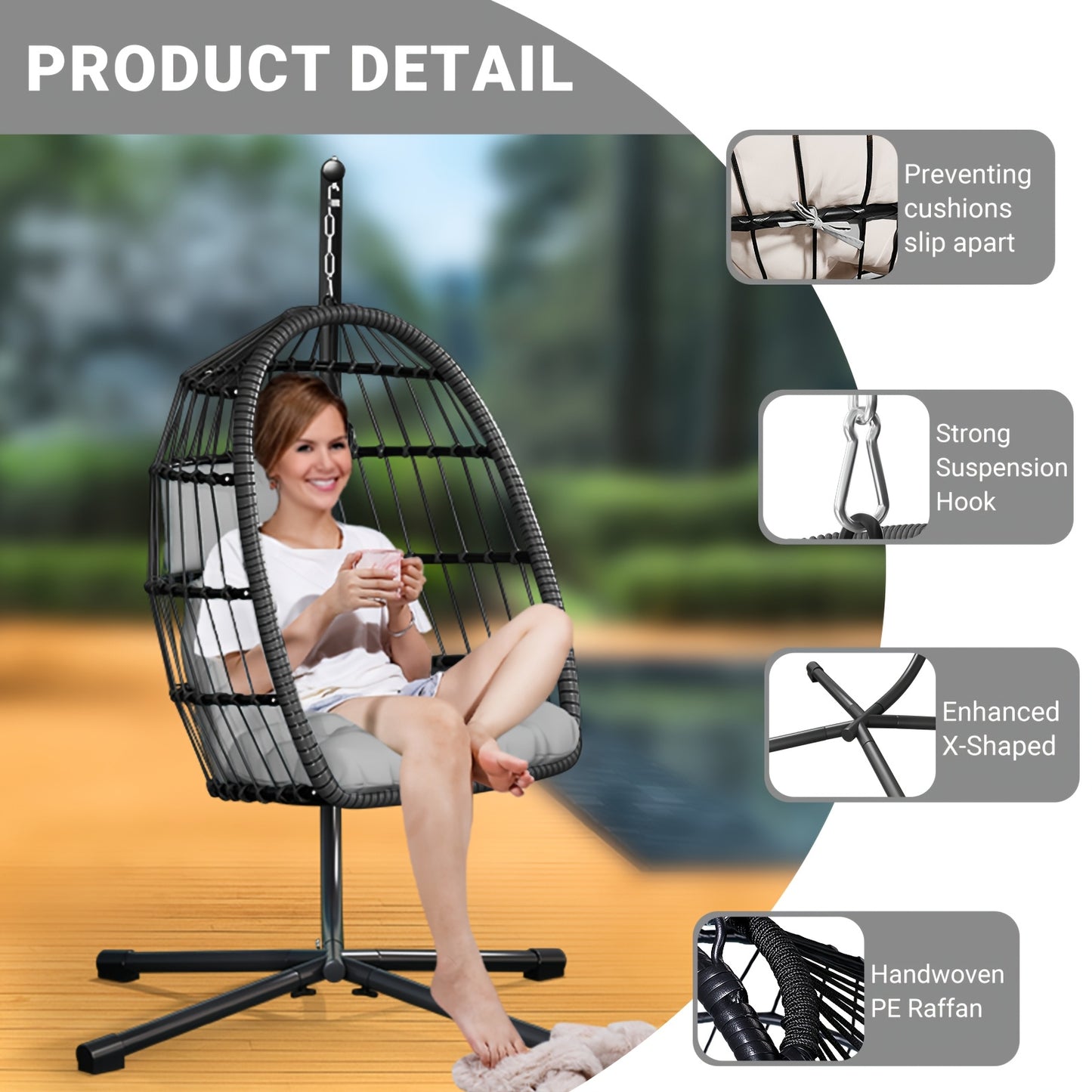 Outdoor Egg Chair with Stand Rattan Wicker Hanging Swing Hammock Chair Thickened Aluminum Frame UV-Resistant Cushion 350LBS Capacity Patio Balcony Deck Lawn Seat