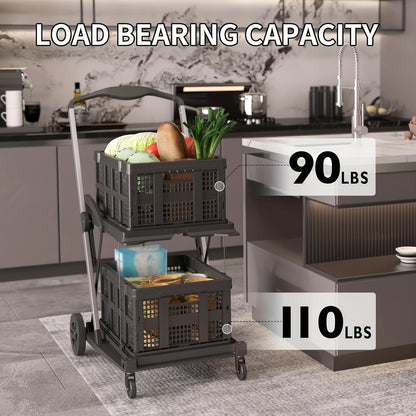 Folding Shopping Cart with 2-Layer Storage Crate | Heavy Duty Collapsible Utility Cart for Groceries, Warehouse & Supermarket | Black