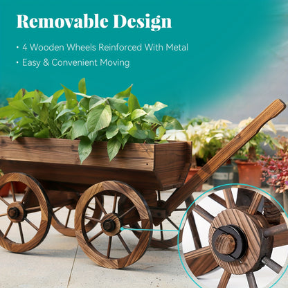 Wooden Wagon Planter with Wheels – Rustic Handcrafted Flower Cart for Patio, Balcony & Garden, Multi-Tier Ladder Shelf Outdoor Yard Decor