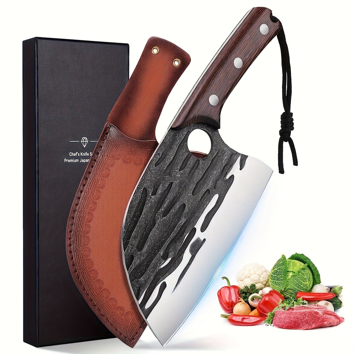 Meat Cleaver Hand Forged Serbian Chef Knife – High Carbon Steel Butcher Knife Full Tang with Leather Sheath | Razor Sharp Chopping Cleaver for Camping BBQ Outdoor Cooking Kitchen Gift