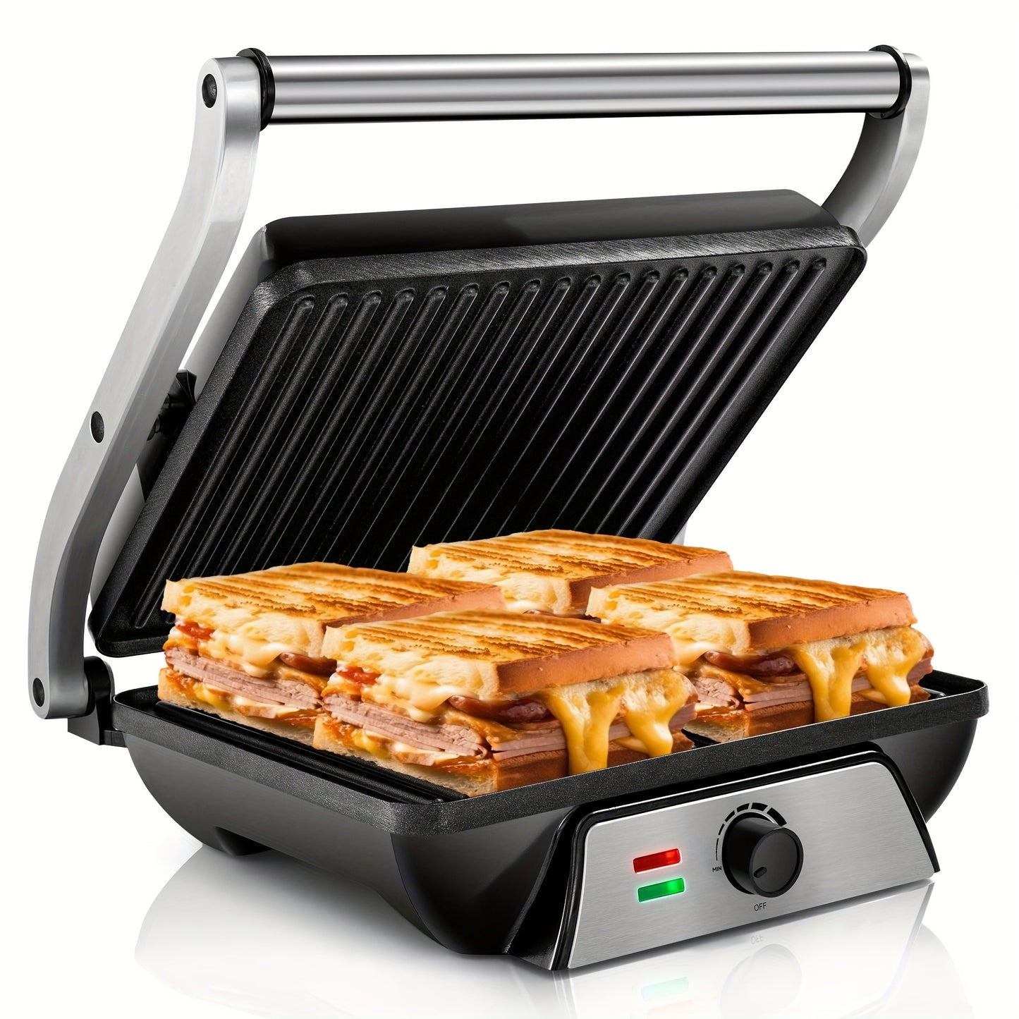 Sandwich Maker 3-in-1 Mini Indoor Grill & Panini Press – Non-Stick 180° Opening, Floating Hinge, 60-Min Timer, Temp Control & Grease Tray | Compact Electric Grill for Home & Dorm
