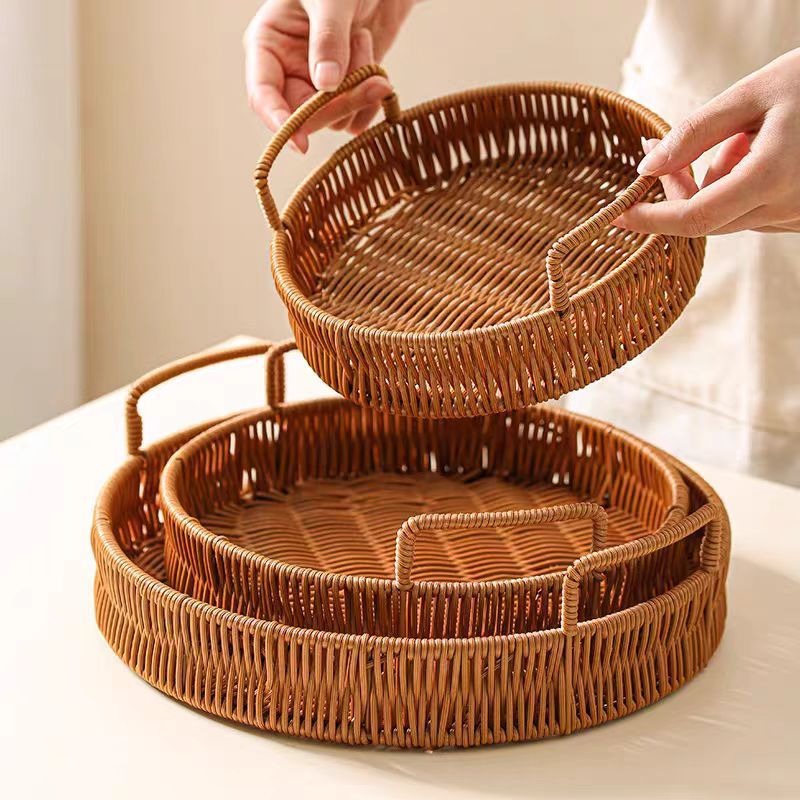 Woven Rattan Bread Basket Set of 3 Round Fruit Basket with Handles for Bread Fruit Vegetables Dim Sum Dining Table Catering Display Decor