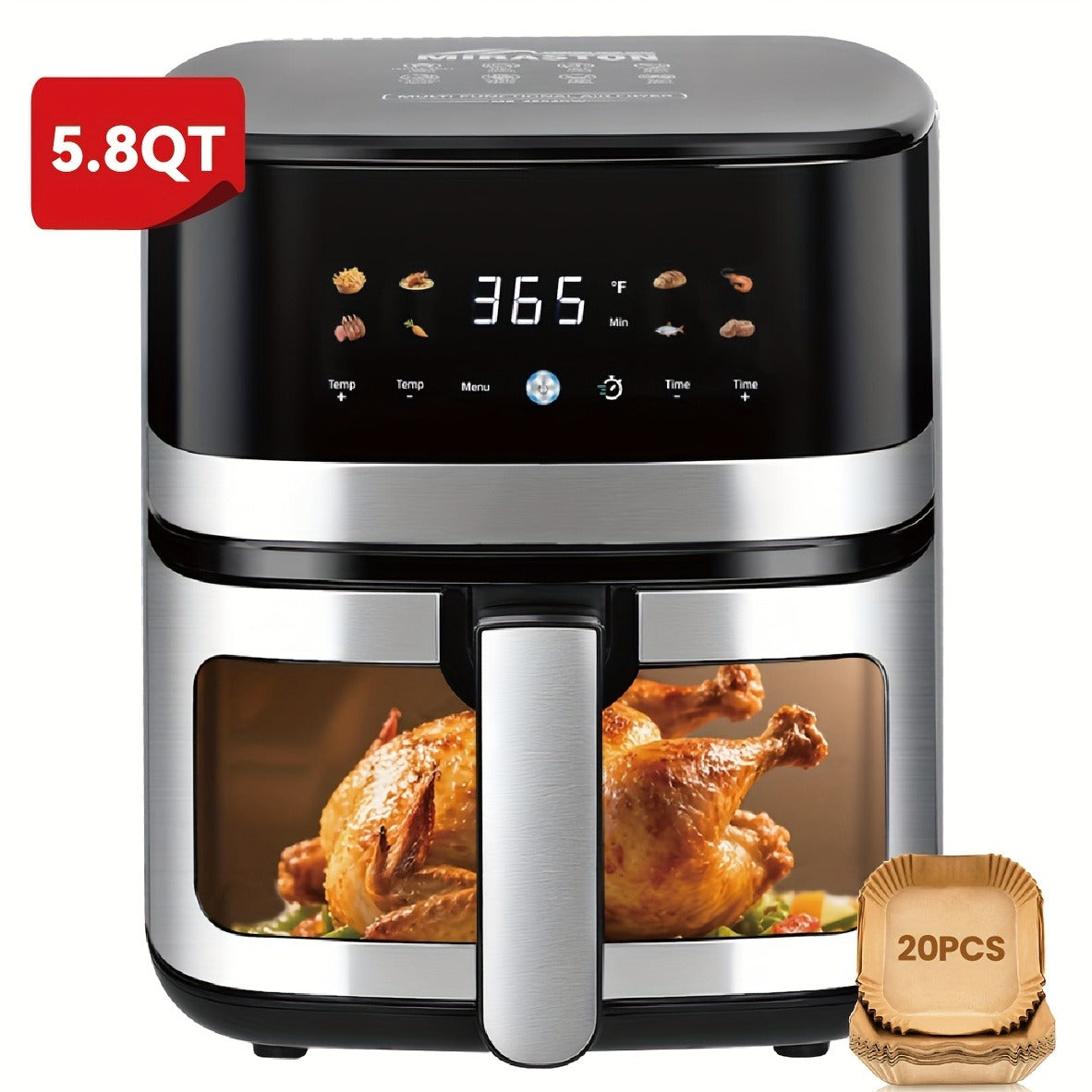 Air Fryer 5.8Qt 1400W with Touchscreen Controls, Adjustable Time & Temperature, 8 Presets for Air Fry, Roast & Reheat – Compact Lightweight Design for Dorm, Apartment & Office Kitchen