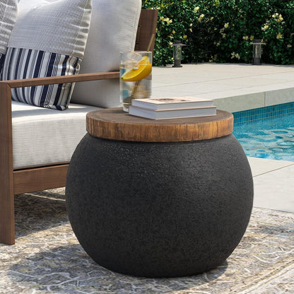 Outdoor Side Table 17in Concrete with Wood-Look Top, Accent End Table for Patio, Garden Stool for Living Room, Bedroom, Backyard Decor, Black & Hourglass Style