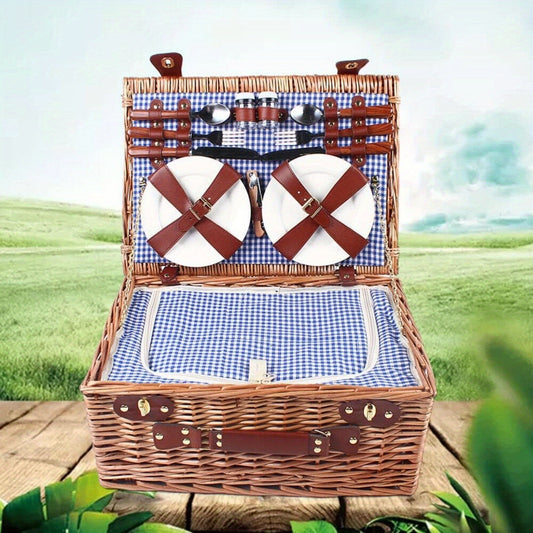 Wicker Picnic Basket for 4 with Insulated Cooler – Large Willow Hamper Set with Cutlery, Ceramic Plates, Wine Glasses for Camping, BBQ & Outdoor Gatherings