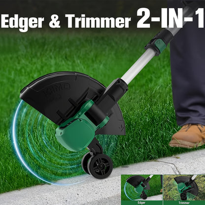 String Trimmer Cordless 2-in-1 Weed Wacker & Lawn Edger with Wheels – KIMO Brushless Motor 20000 RPM, 12" Cutting Width, 2x 2.0Ah Batteries, Lightweight for Yard Garden Patio & Landscaping