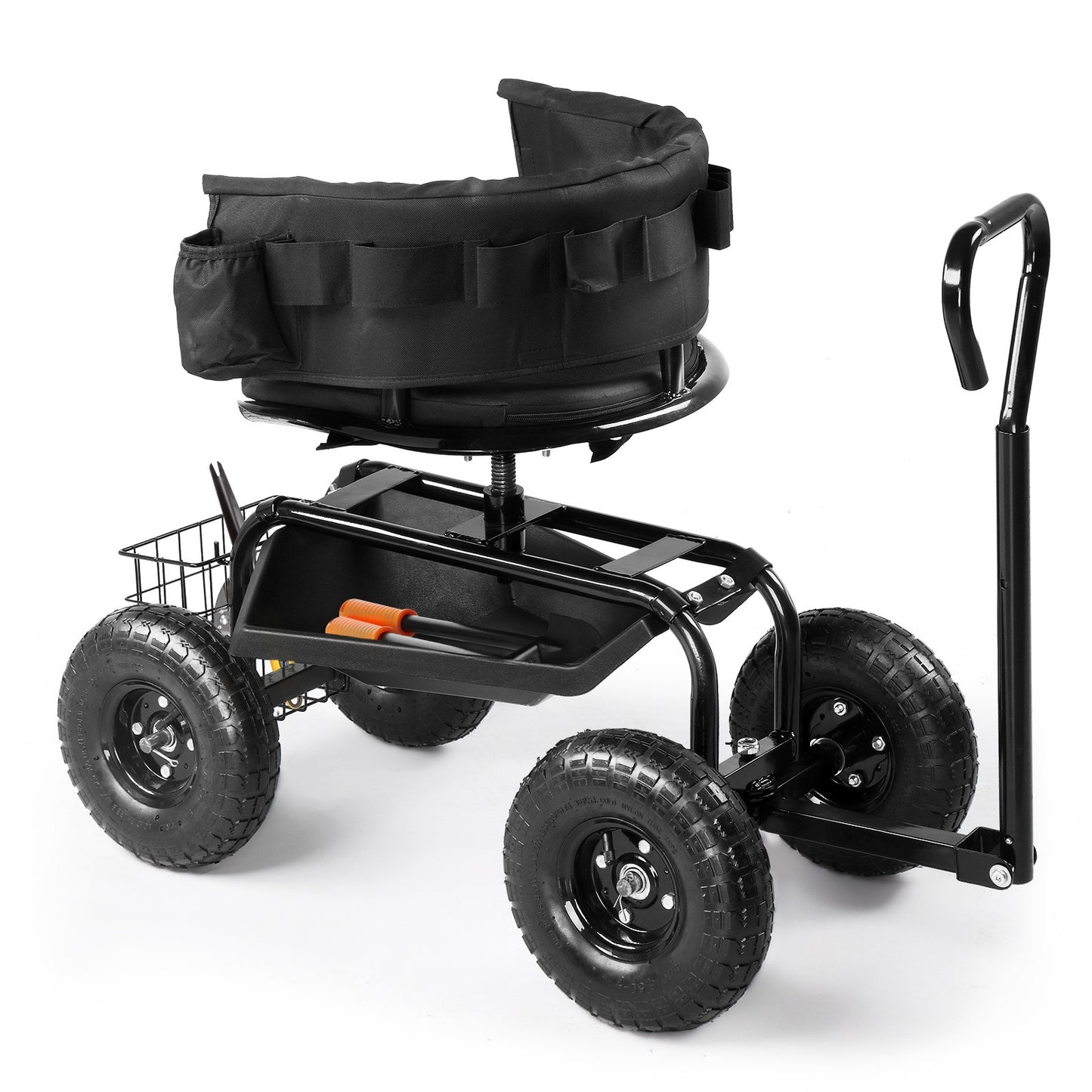 Rolling Garden Seat Cart | Backrest, Cushion, Telescopic Handle & Storage Basket, Steel Frame
