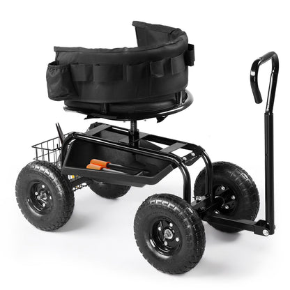 Rolling Garden Seat Cart | Backrest, Cushion, Telescopic Handle & Storage Basket, Steel Frame
