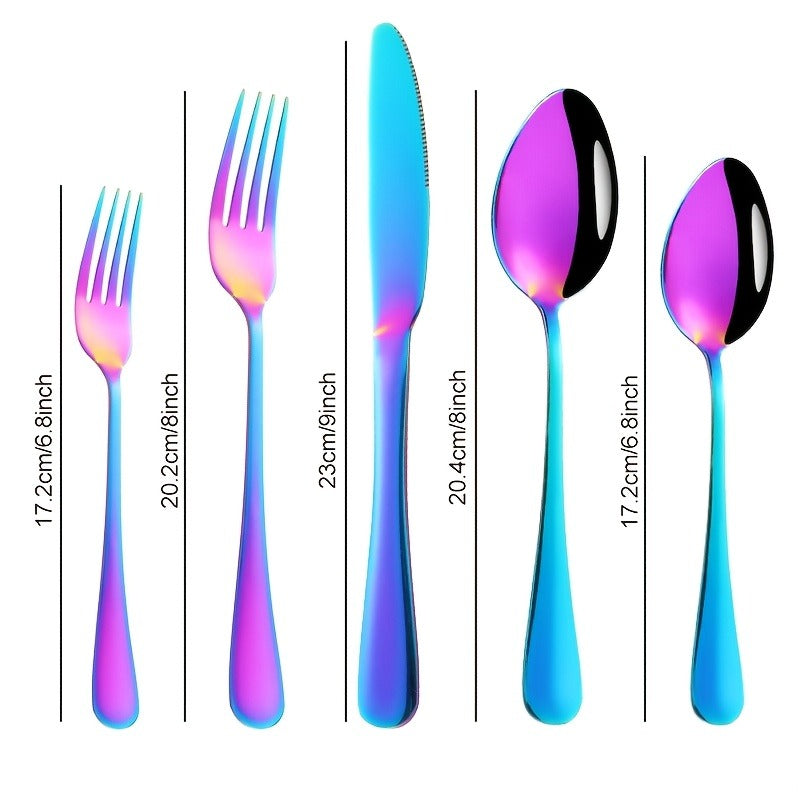 Flatware Set 60 Piece Rainbow Stainless Steel Cutlery 430 Mirror Polish Dishwasher Safe Knife Fork Spoon for Camping Picnic Travel Party Outdoor Dining Serves 12