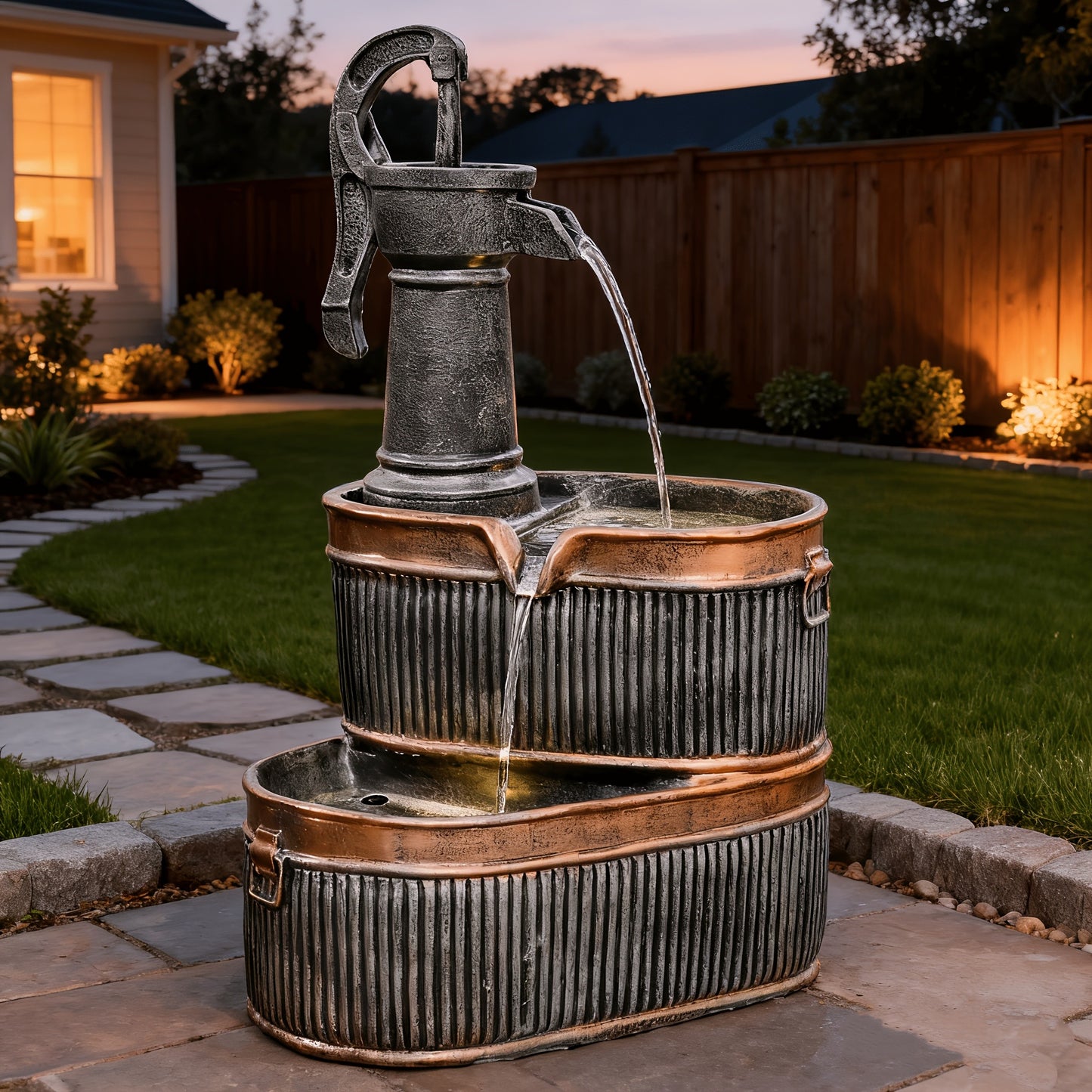 Outdoor Water Fountain 2-Tier Barrel with LED Light & Pump - Rustic Resin Garden Fountain for Patio, Yard & Deck Decor, Bronze Finish, Continuous Flow