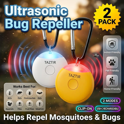 Ultrasonic Insect Repeller 2 Pack USB-C Rechargeable Mosquito Repellent Clip-On Keychain No Spray Pet Safe for Hiking Camping Stroller Travel Backpack Outdoor