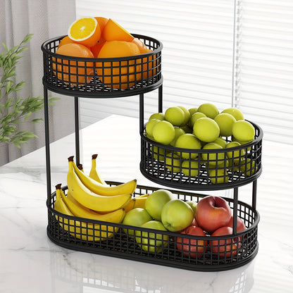 3-Tier Metal Fruit Basket Large Capacity Black Wire Rack | Kitchen Countertop Organizer for Fruits Vegetables Bread Snacks