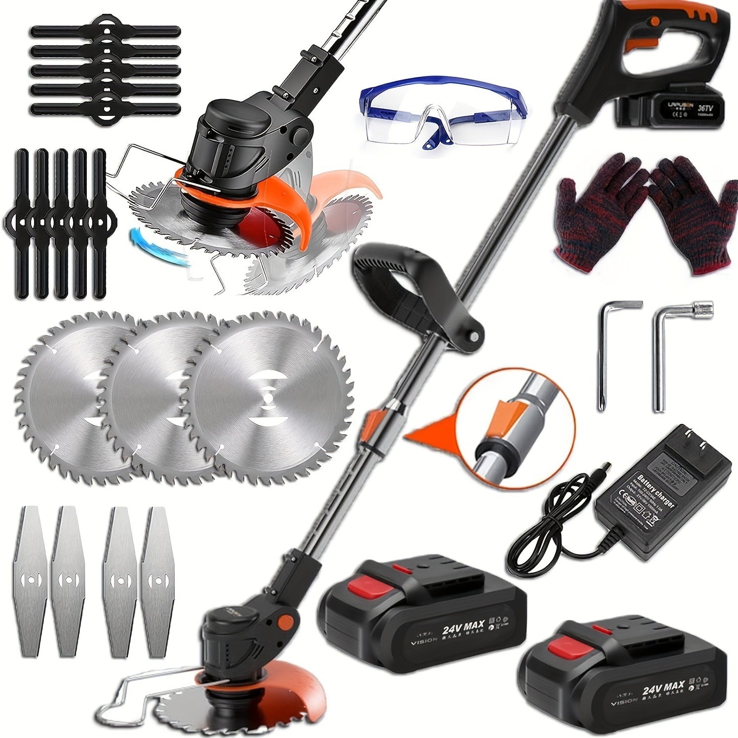 Cordless String Trimmer 24V 800W – Weed Wacker with 2 Batteries, Charger & 3 Blades, Adjustable Head, Brush Cutter & Lawn Edger