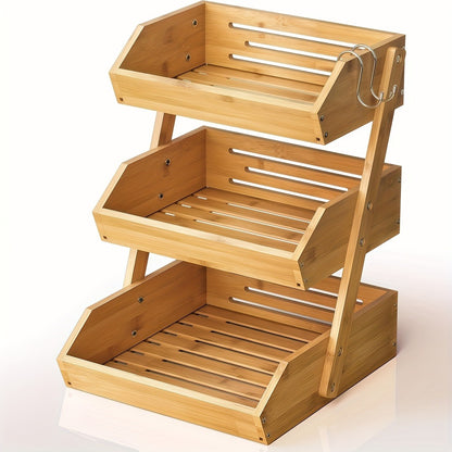 Fruit Basket Stand 2 & 3 Tier Wooden Countertop Organizer Large Capacity Kitchen Storage for Fruits Vegetables Bread Produce with Banana Hooks Natural Wood