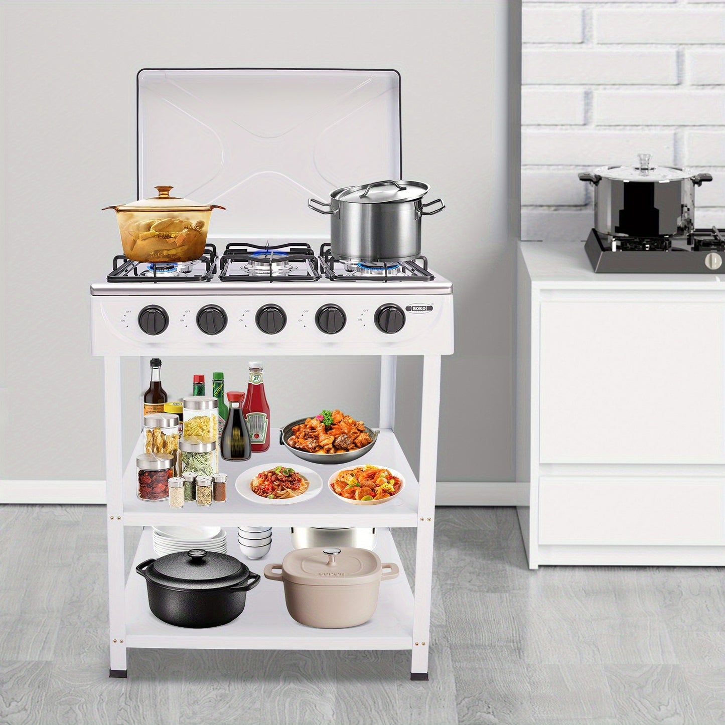5-Burner Gas Stove CNCEST Portable Natural Gas Stove | 2.5kW Per Burner | Freestanding Outdoor Cooking Stove for RV, Camping, Tailgating & Backyard | White, 64×44.5cm