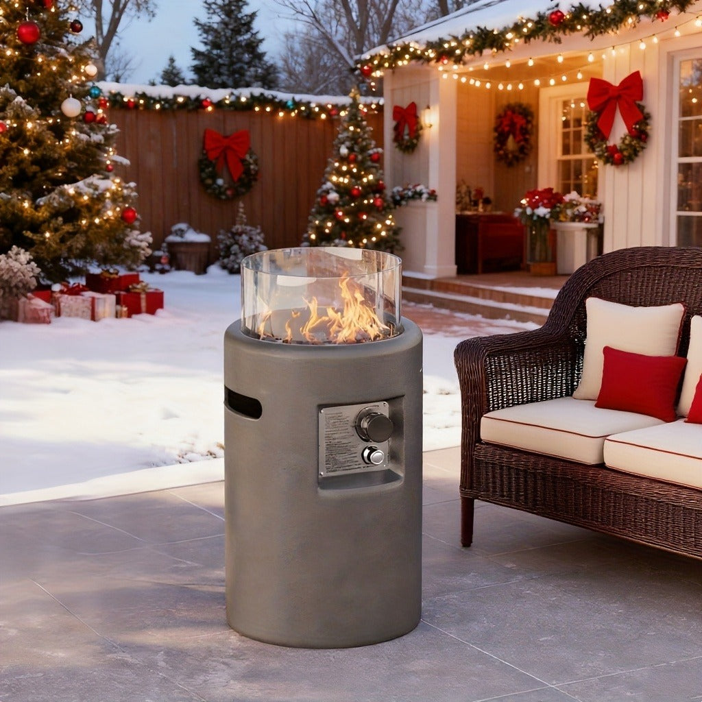 Propane Fire Pit Table 16-Inch Portable Outdoor Fire Table with Glass Windproof Cover, High-Power Patio Heater, Ignition System, Durable Metal Build for Backyard, Deck, Garden & Pool (Gray, No Gel)