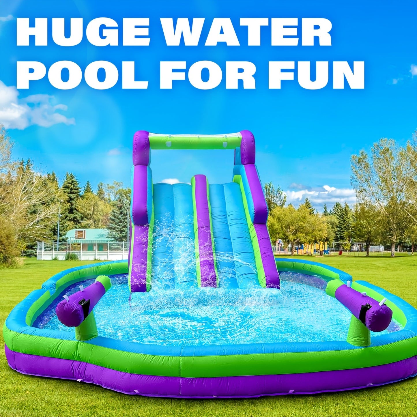 Inflatable Double Water Slide with Climbing Wall & Large Splash Pool – 17.72FT Backyard Water Park for Kids & Adults, Oxford Cloth, Blower Included