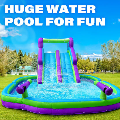 Inflatable Double Water Slide with Climbing Wall & Large Splash Pool – 17.72FT Backyard Water Park for Kids & Adults, Oxford Cloth, Blower Included