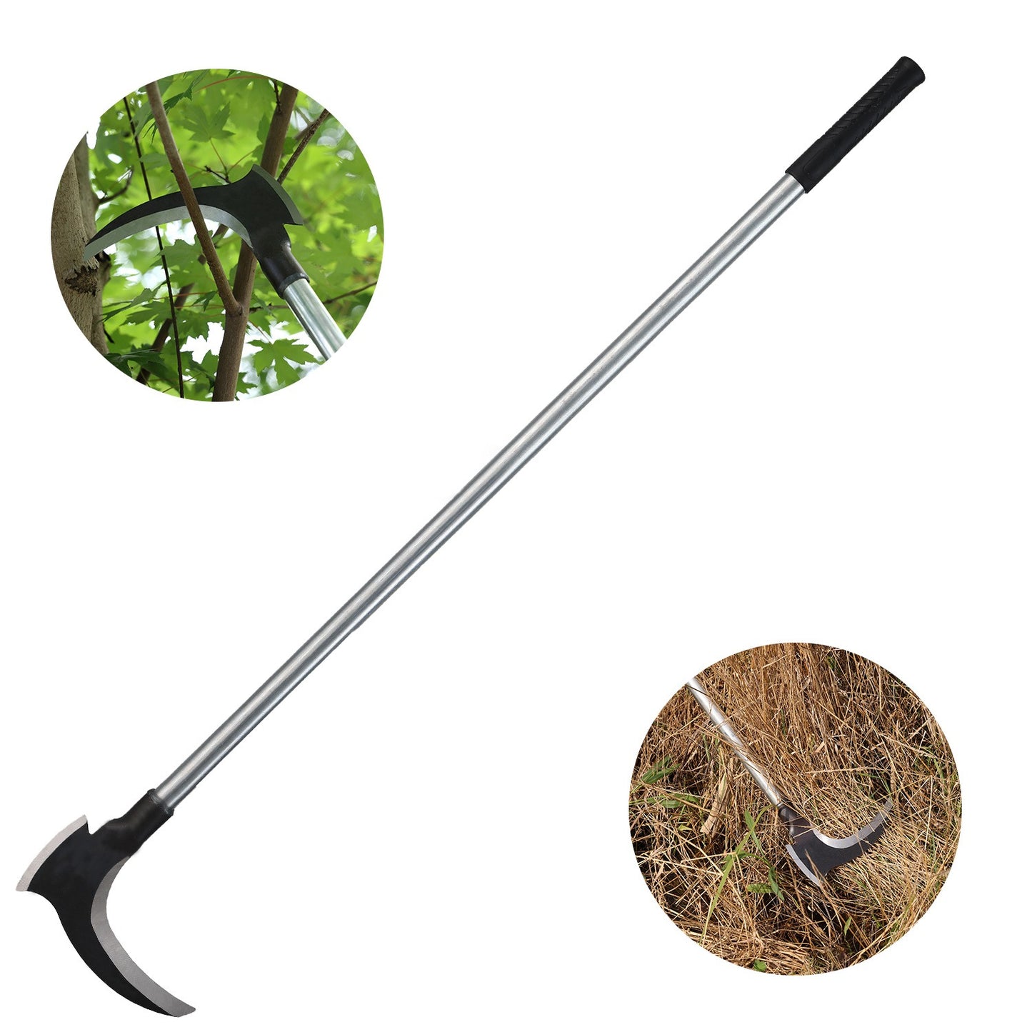 Garden Sickle Double Blade High-Manganese Carbon Steel with 39-Inch Handle, Sharp Curved Weeding Scythe for Grass Cutting, Mowing, Brush Clearing and Agricultural Use